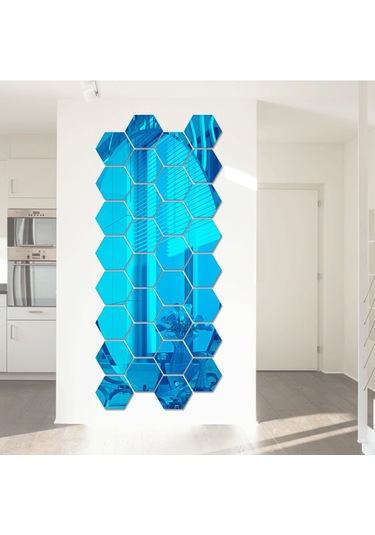 Gajeena Mavi Renkli 12 Adet Yapışkan Altıgen Ayna Duvar Sticker I - 20x17 Cm, 1mm Kalınlık Mavi