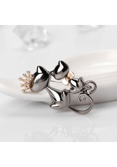 Kadın Takı Parlak Yapay Elmas Sevimli Çift Kedi Figürlü Broş Çok Renkli