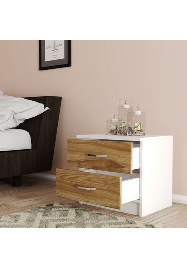Moxen Mobilya Beyaz-Ceviz 2 Çekmeceli Komodin KMD2002