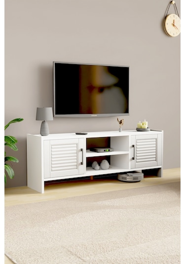 Molde Retro Tv Sehpası Mdf Membran Kapaklı Raflı Tv Ünitesi Televizyon Sehpası Beyaz