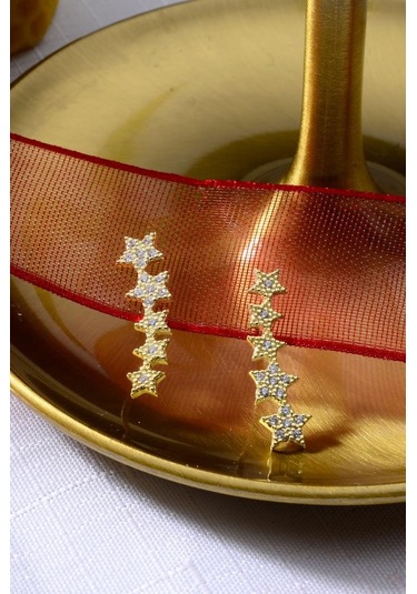 925 Ayar Gümüş Yıldız Desenli Sallantılı Gold Küpe Altın