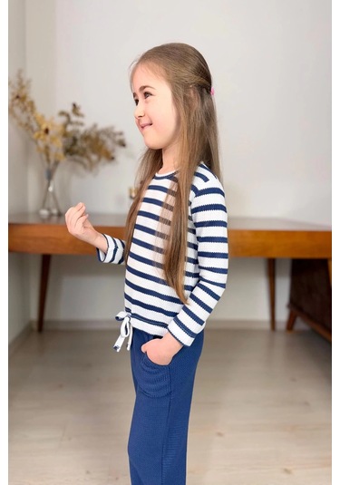 Çizgili Kız Çocuk Bol Paça Mevsimlik Mavi Renk Takım Mavi