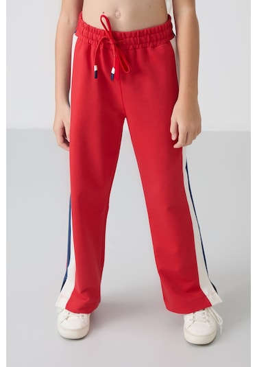 Tommy Life Açık Kırmızı Yırtmaç Detaylı Cepli Geniş Paça Kız Çocuk Eşofman Alt - 75141 Açık Kırmızı