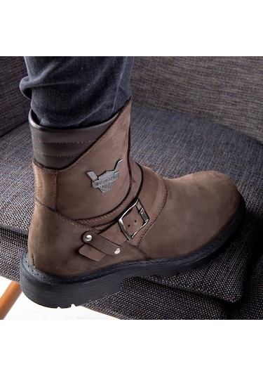 Ducavelli Rock Hakiki Deri Erkek Bağcıksız Kürklü Postal Bot, Harley Bot Kahve Nubuk