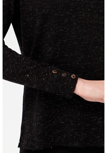 Kadın V Yaka Kolları Düğmeli Simli Bluz Siyah Siyah