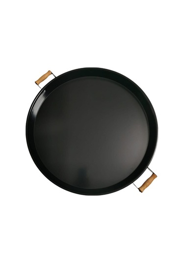 Qerhome Galvaniz 51 Cm Siyah Ahşap Kulplu Yuvarlak Tepsi Beyaz