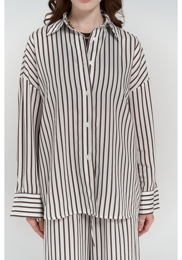 Beatrix Kahve Çizgili Ekru Gömlek Pantolon Takım Kahve