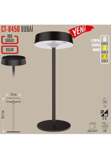 Cata Solar Şarjlı Ledli Dubai Masa Lambası 3 Renk Işık Abajur Çok Renkli