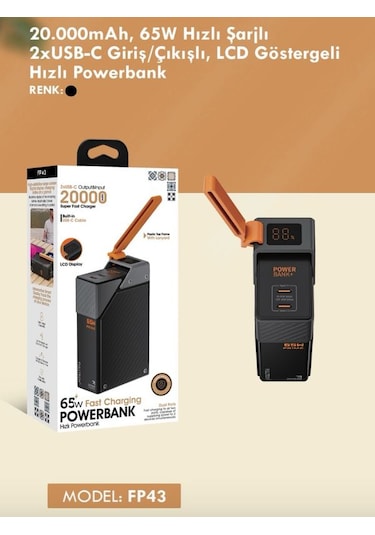 20000mah 65w Hızlı Şarjlı Dijital Göstergeli Powerbank 2x Type-c Girişli Taşınabilir Şarj Cihazı Siyah - Siyah