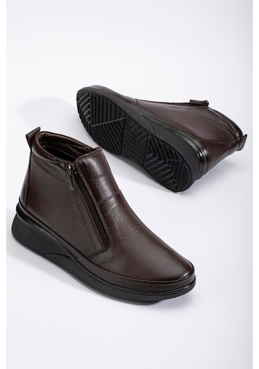 Hakiki Deri Ortopedik Kadın Bot Kahve 2 Fermuarlı Dolgu Tabanlı-3298 Kahve