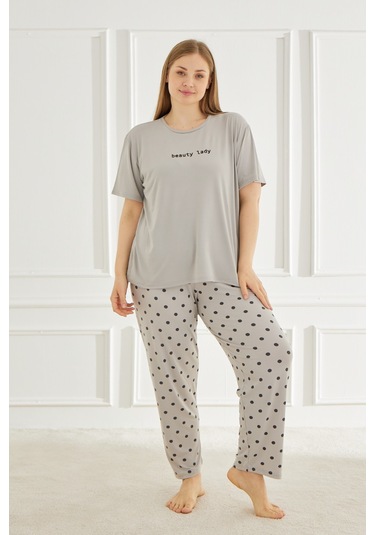Mihra Kadın Pijama Takımı Büyük Beden & Battal Kısa Kol Gri