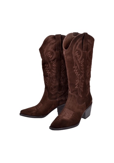 Pullman Hakiki Deri İşlemeli Western Kadın Çizme Plm-011 Kahve Süet Kahve Süet