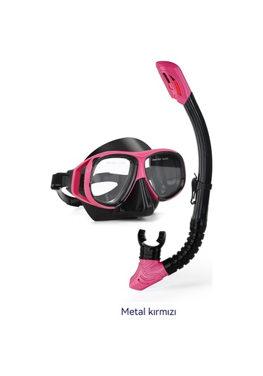 Profesyonel Şnorkel İki Parçalı Silikon Tam Kuru Şnorkel Büyük Çerçeve Sis Geçirmez Dalış Gözlüğü Seti Kırmızı