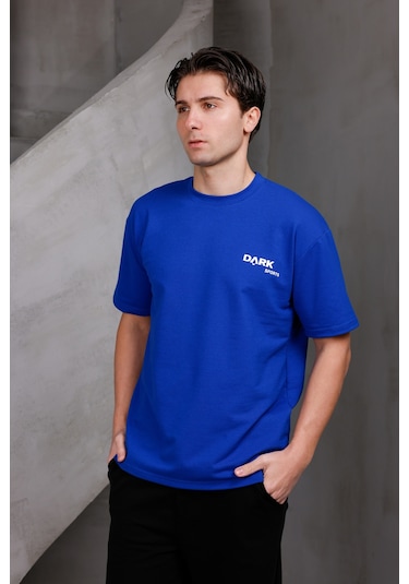 Erkek Baskılı Oversize Bisiklet Yaka 2 İki İplik Kompakt T-shirt Saks