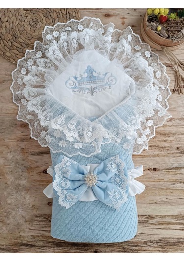 Örgü Tericotton Taç Nakışlı İncili Güpür Çift Fiyonk Papatya Güpür Trilüks Kundak Bebek Battaniyesi Mavi