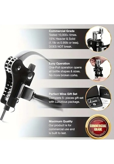 Atay Garage Tirbuşon Tavşan Burgu Şarap Şampanya Açacağı Dayanıklı Metal Yapı Ergonomik Tasarım Gümüş - Siyah