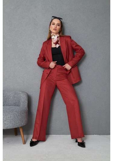 4 Düğmeli Kruvaze Yünefekt Takım Kırmızı Kırmızı