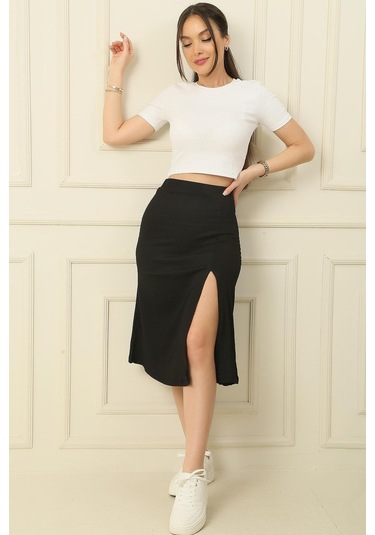 Beli Lastikli Önü Yırtmaçlı Gofre Uzun Etek-36083-siyah Siyah