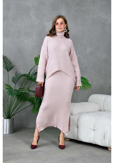 Kadın Balıkçı Yaka Oversize Kazak Uzun Etek İkili Triko Takım Pudra