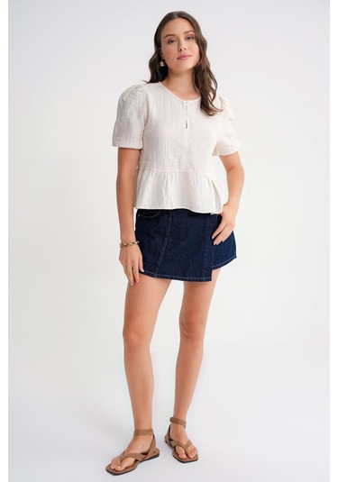 4713 Kadın Beli Büzgülü Kolu Lastikli Bol Müslin Bluz Naturel Naturel