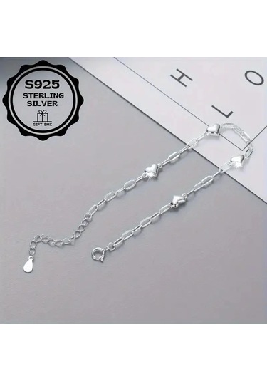 Heart Chain 925 Ayar Sade Şık Zincir Kalpli Gümüş Bileklik Çok Renkli