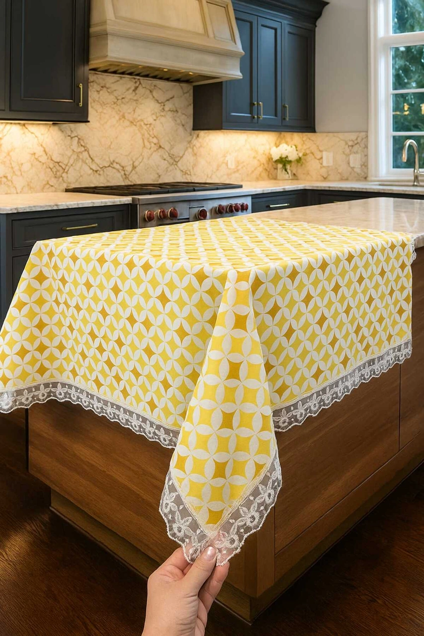 Lüks Güpürlü Sarı Duck Kumaş Masa Örtüsü Şık Desenli Su Geçirmez Silinebilir Sarı