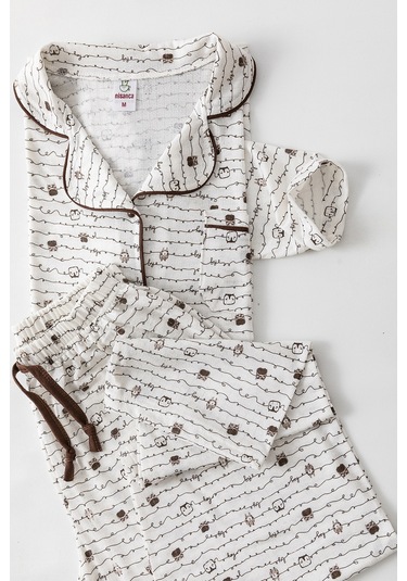 Uzun Kol Gömlek Yaka Kadın Pinterest Pijama Takımı - Mevsimlik Kadın Pijama- Geniş Beden Aralığı Kahve