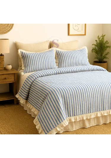 Mavi-bej % 100 Pamuk Fırfır İplik Boyalı Çift Kişilik Nevresim Takımı,modern Çizgili Nevresım Seti Mavi - Bej