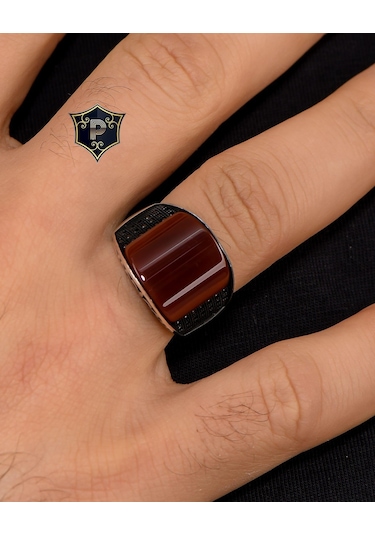 Prestij Gümüş 925 Ayar Gümüş Akik Taşlı Zirkon Taş Süslemeli Erkek Yüzüğü