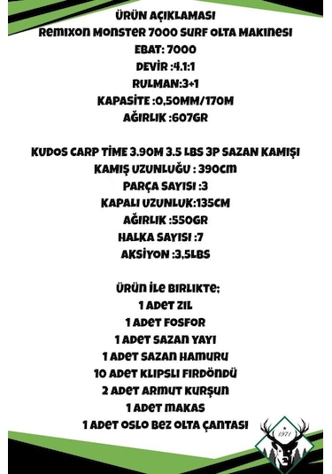 Kudos Carp Time 3.90m 3.5 Lbs Remixon Monster 7000 Sazan Olta Seti Standart