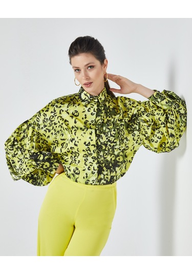 Kadın Leopar Desenli Gömlek - Balon Kol - Saten - Modern Ve Şık Tasarım - Günlük Ve Özel Gün Kullanımı İçin Gömlek Sarı