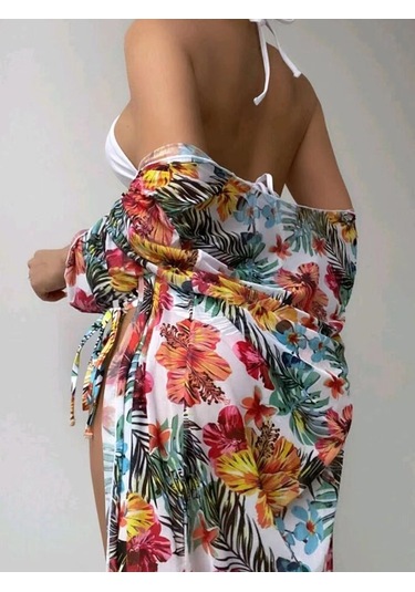 Bölünme Bikini Baskılı İpli Yüksek Bel Mayo Beyaz