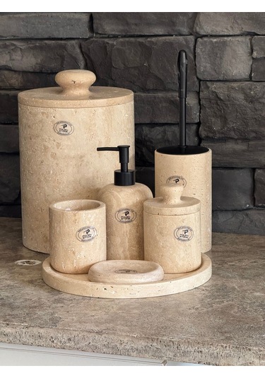 Yeni Traverten Doğaltaş Kendinden Kulplu 7'li Banyo Seti Büyük Çöp Kovalı 26x20 Beyaz