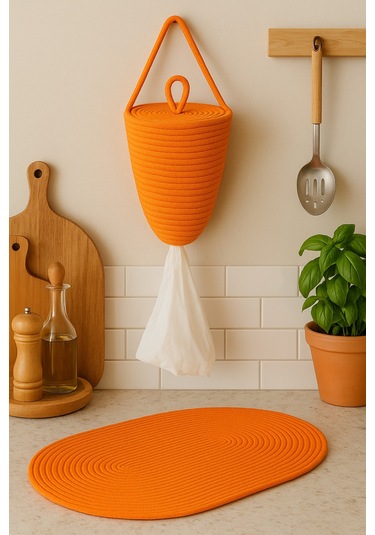Poşetlik Halat İp El Dokuma Duvar Askılı Saklama Torbası Ev Düzenleme Aksesuarı Sepet 30 X 20 Cm Turuncu