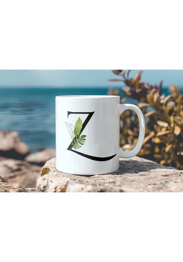 Z Harf Zarif Yaprak Desenli Kupa Bardak - Naturel Sade Alfabe Harfli Bardak - Kişiye Özel Hediye Beyaz