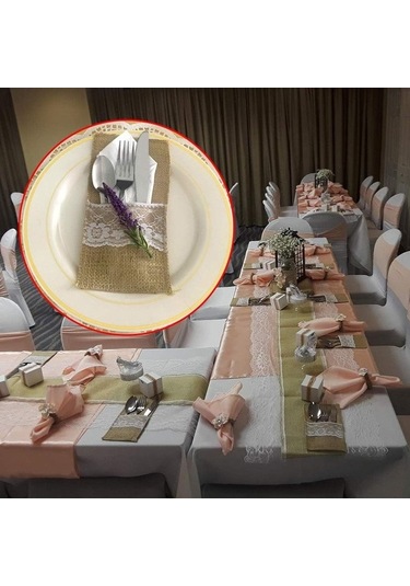 Ulzyvf Doğal Keten Dantelli 30'lu Çatal Kaşık Kılıfı - Düğün & Özel Günler İçin Şık Organizer Diğer Diğer