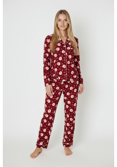 Luxury Soft Buz Mavi Kutup Ayısı Desenli Kadın Uzun Kollu Pijama Takımı 3024 Açık Mavi