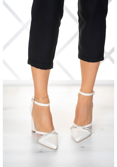 Molly Sedef Vegan Taşlı Fileli Kalın Topuklu Ayakkabı Sedef