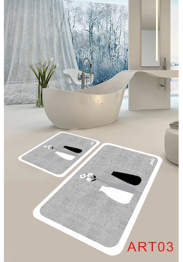 Eco Concept Banyo Paspası, Kaymaz Taban, Çiçek Desenli, Klozet Ta Gri - Beyaz