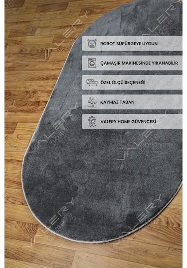 Comfort Ponpon Saçaklı Peluş Halı Antrasit Antrasit Overloklu Oval