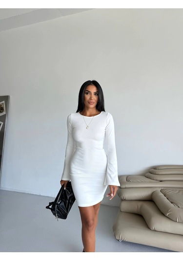 Prenses Kol Esnek Kumaş Elbise Beyaz F2334 Beyaz