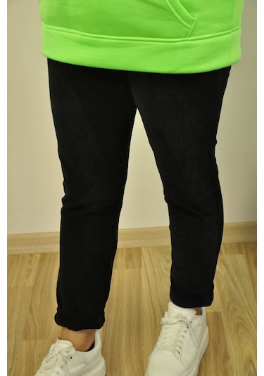 Normal Bel Fitilli Kadife Pantolon Siyah