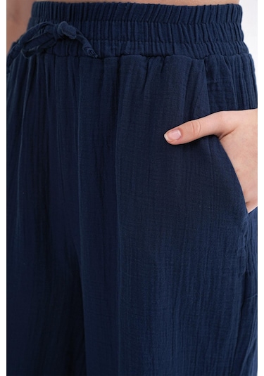 4286 Kadın Bol Paça Beli Lastikli Müslin Palazzo Pantolon Lacivert Lacivert