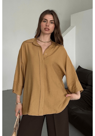 Paw Garage Kadın Evelyn Vizon Oversize Gömlek, Keten Ayrobin Ön Patlı Gömlek Vizon