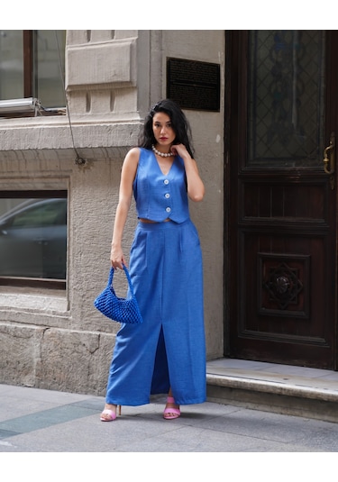 Kadın Yelekli Maxi Etekli Takım Mavi