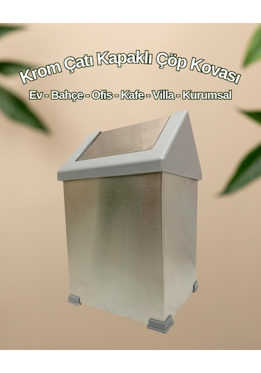 Krom Sallanır Çatı Kapaklı Çöp Kovası 16 Lt Krom