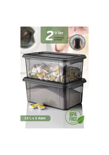 2'li Mega 15l Un Bakliyat Erzak Kabı - Kilitli Kapaklı Banyo Düzenleyici Deterjanlık Saklama Kutusu Siyah