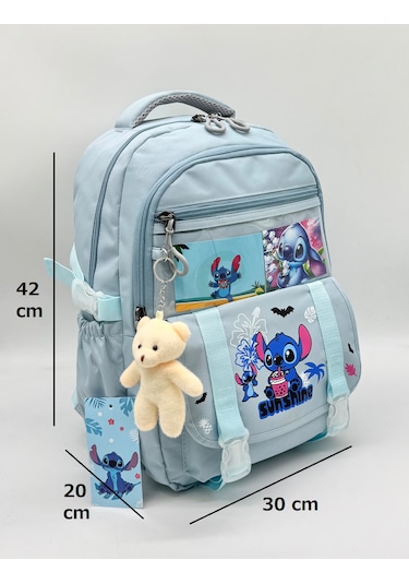 Stitch Desen Aksesuarlı Kore Tarzı Termal Beslenmeli Ve Kalemlikli Kız Çocuk Okul Sırt Çantası Seti Turkuaz