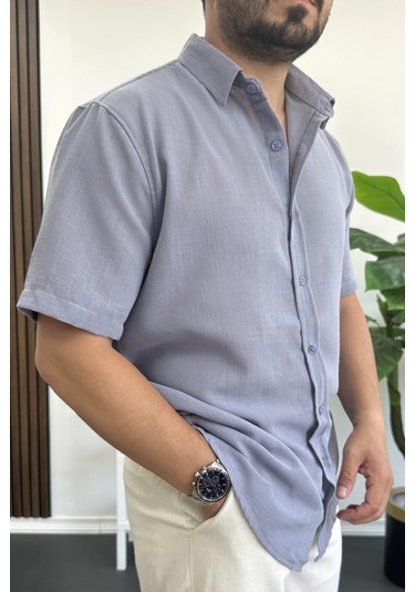 Erkek Kısa Kollu Keten Görünümlü Gömlek Mavi Edw389 Mavi