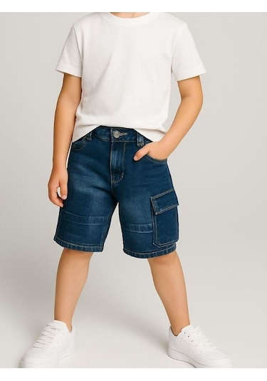 Çocuk Kargo Cepli Kot Şort-16005 Lacivert